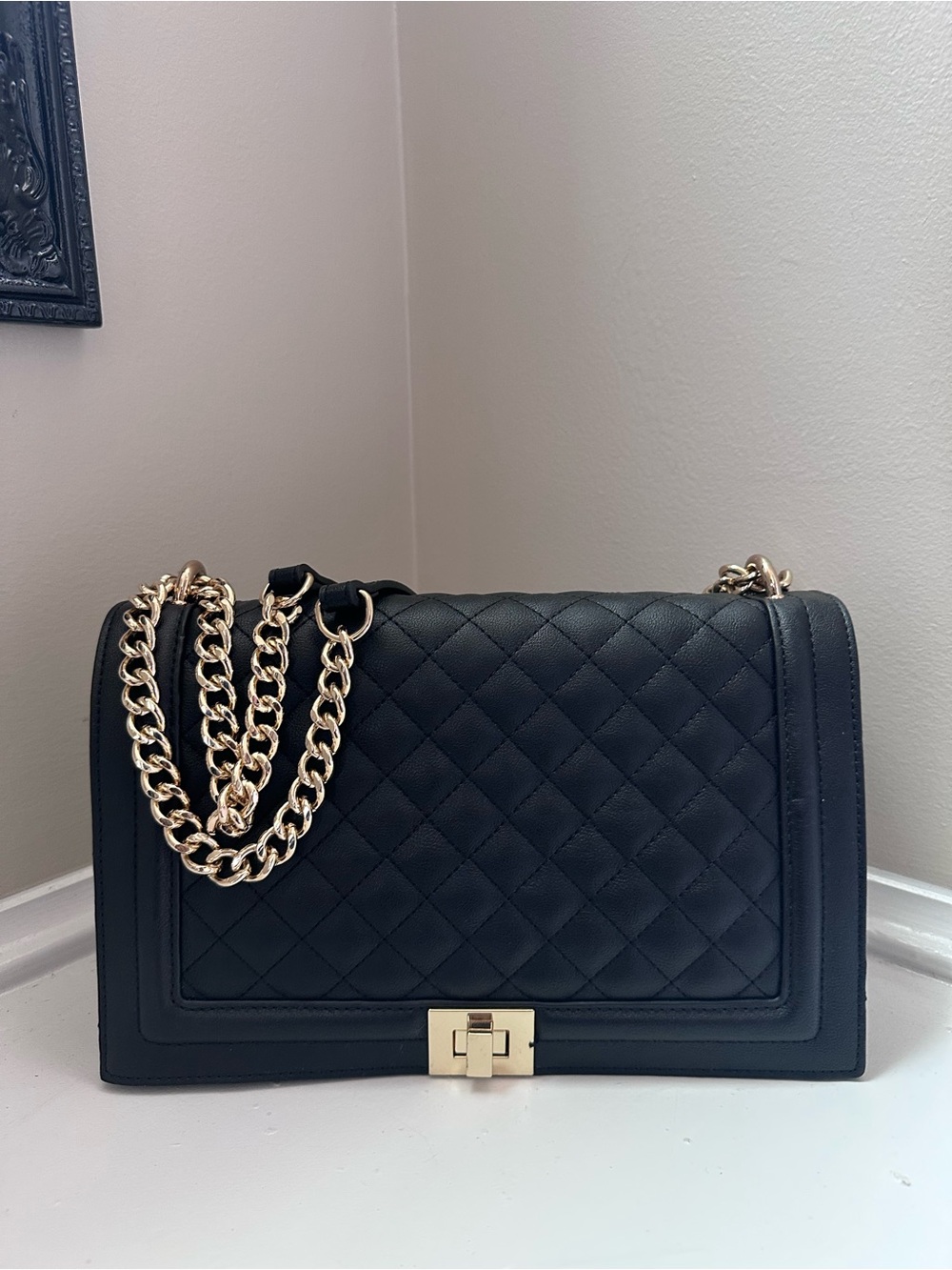 INC International Concepts Black Quilted Shoulder Bag with Gold Chain